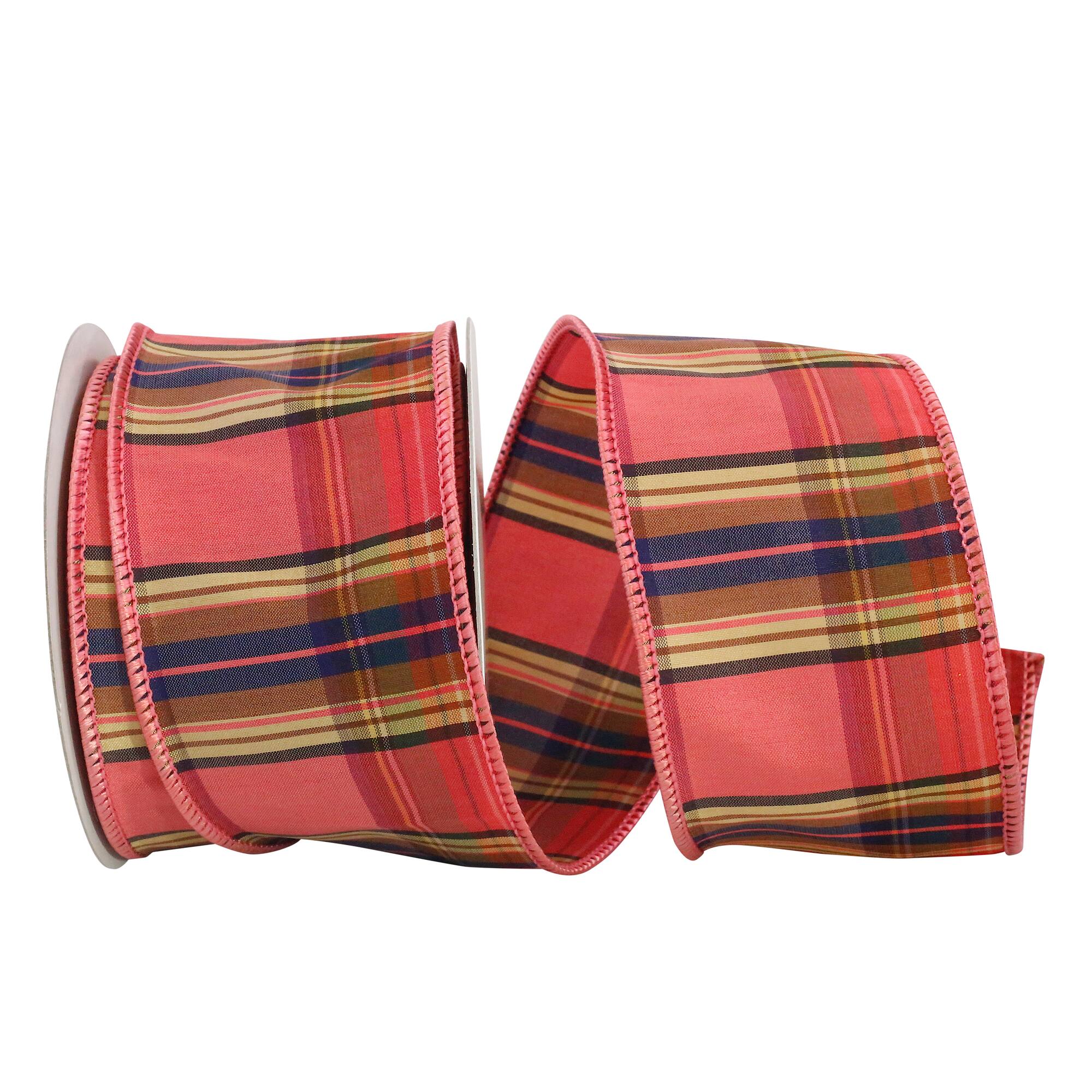 JAM Paper 2.5" x 10yd. Coral Plaid Pizzaz Wired Ribbon